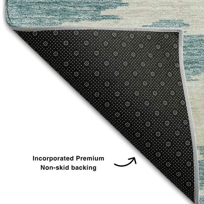 8' Abstract Washable Round Rug Polyester With UV Protection - Teal / Ivory