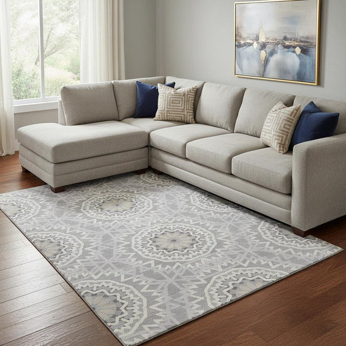 10' X 14' Geometric Washable Area Rug With UV Protection (652239) - Gray / Ivory