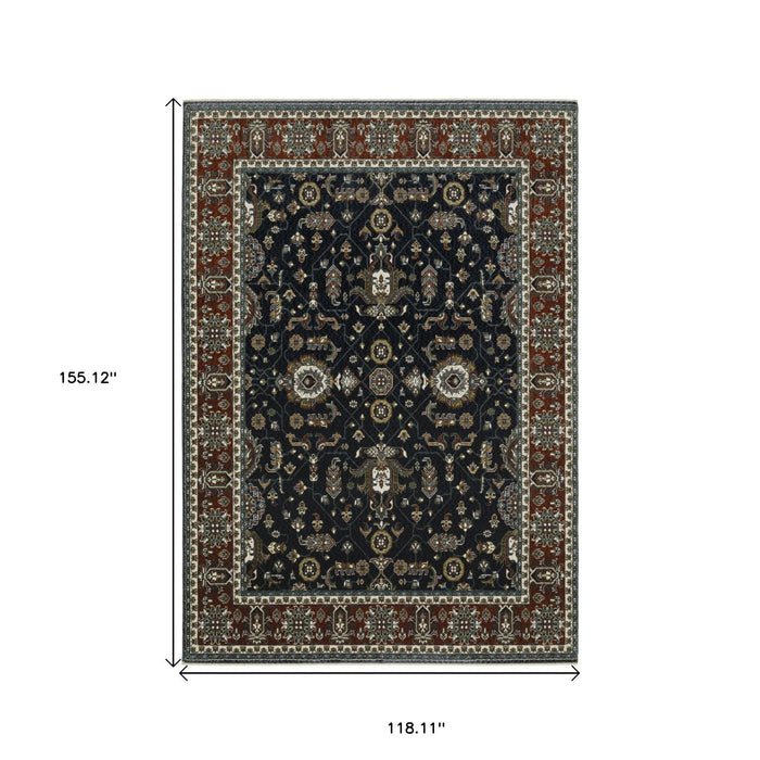 10' X 13' Oriental Area Rug With Fringe - Navy Blue And Rust