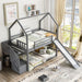 Giga twin over twin house bunk bed with convertible slide, storage staircase, and built-in drawers in a modern children's bedroom.