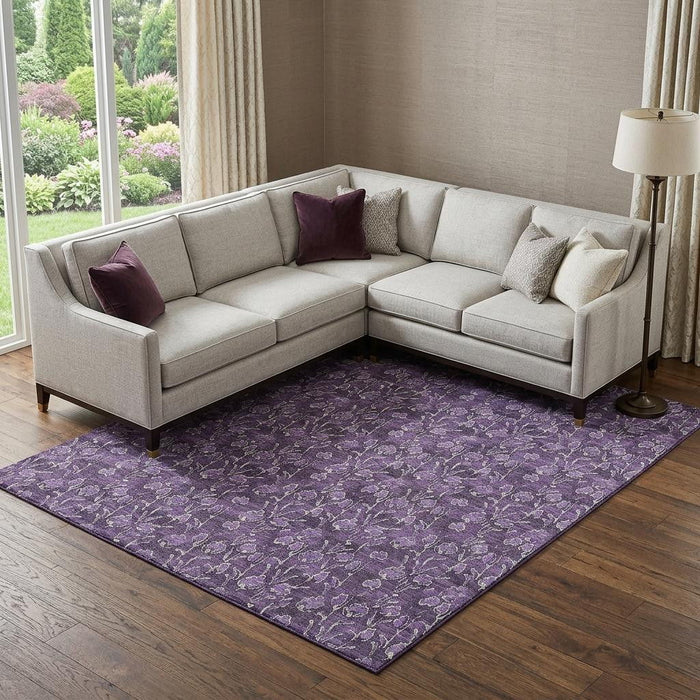 10' X 14' Floral Washable Area Rug With UV Protection (656466) - Purple / Ivory