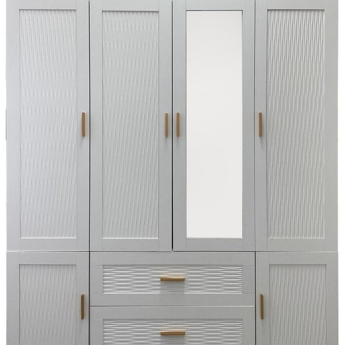 White 75-inch ribbed textured wood wardrobe with six doors and two drawers, HomeRoots dresser for bedroom storage.