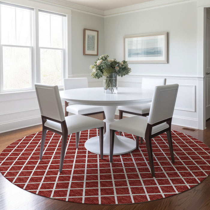 8' Geometric Washable Round Rug With UV Protection - Red / Ivory