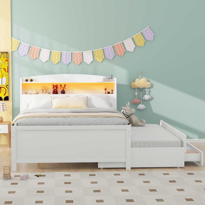 Giga full size platform bed with storage, LED headboard, twin trundle, and three drawers in white, showcasing the modern design.