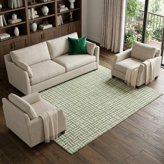 10' X 14' Abstract Geometric Washable Area Rug With UV Protection (673543) - Green / Ivory