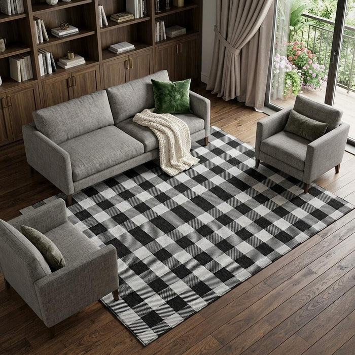 10' X 14' Plaid Washable Area Rug With UV Protection (673447) - Black / Ivory
