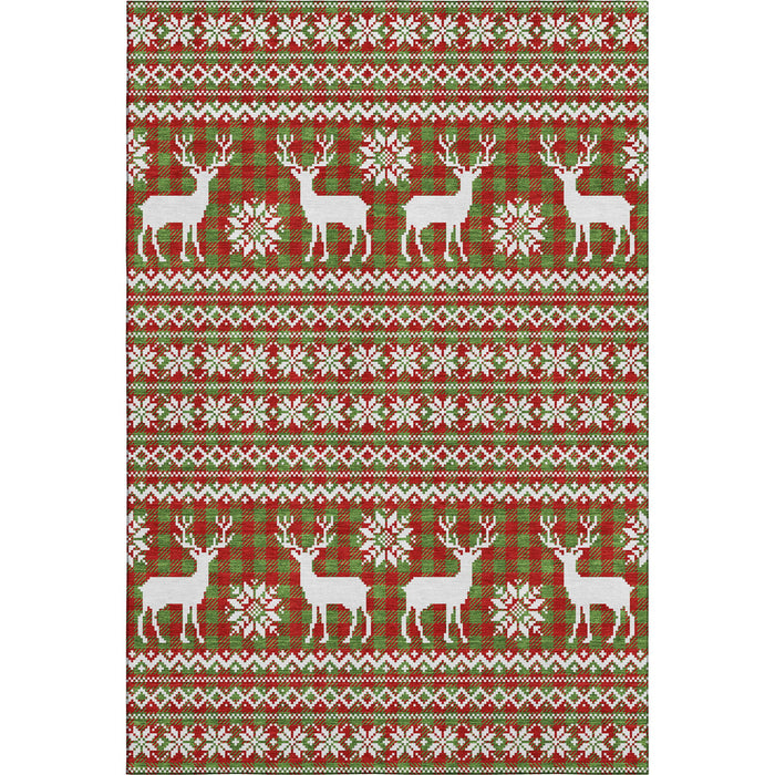 10' X 14' Abstract Geometric Washable Area Rug With UV Protection (701966) - Fern Green / Red / Ivory