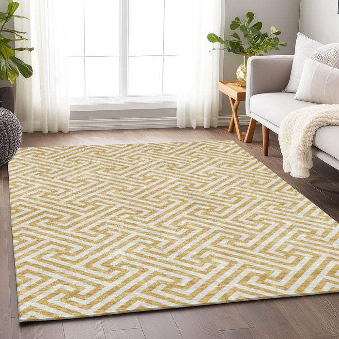 10' X 14' Geometric Washable Area Rug Polyester With UV Protection - Ivory And Gold