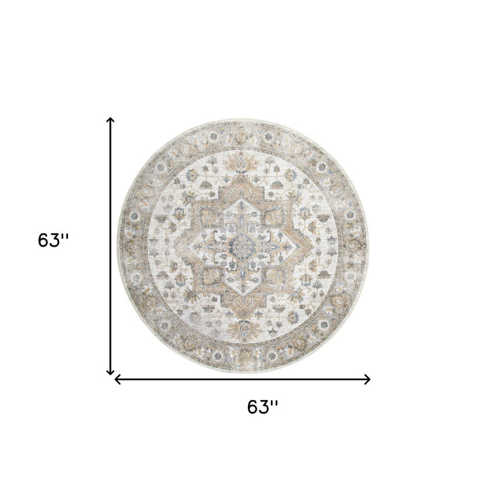 5' Floral Medallion Washable Round Rug (546932) - Beige / Gray