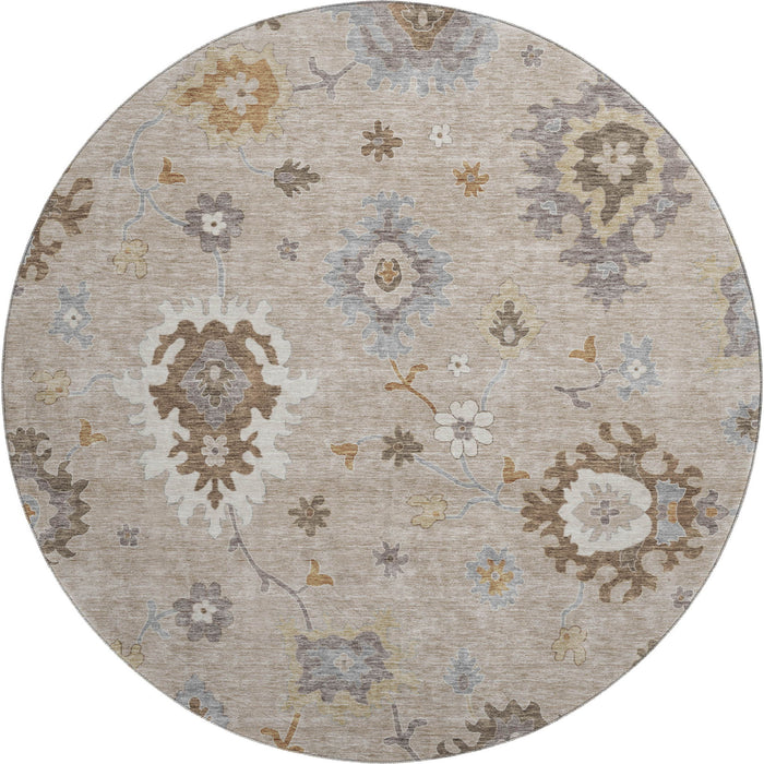 8' Floral Medallion Washable Round Rug With UV Protection - Taupe