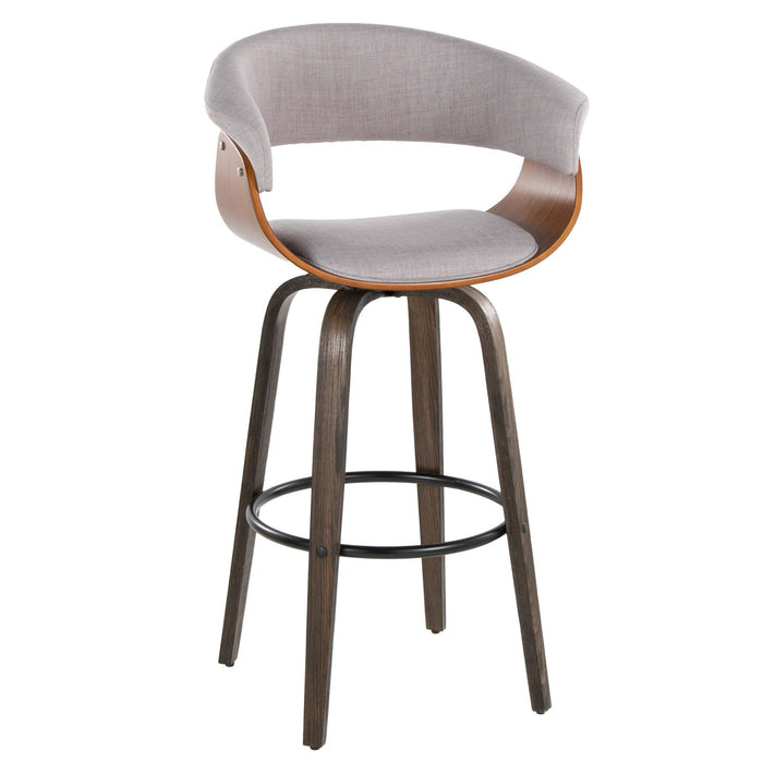 Vintage Mod - 30" Fixed-Height Barstool With Swivel (Set of 2) - Walnut Glazed Wood And Stone Fabric With Walnut Wood Accents And Round Black Metal Footrest