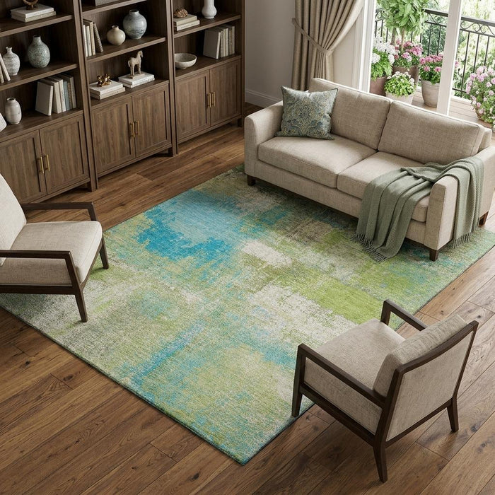 10' X 14' Abstract Washable Area Rug With UV Protection (693180) - Lime Green / Teal / Ivory