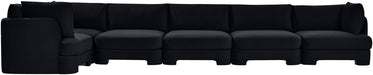 Meridian Furniture Hammond velvet performance fabric L-shaped sectional sofa with six upholstered stationary sections.