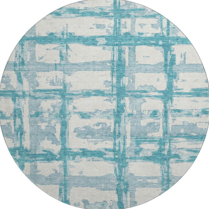 8' Striped Washable Round Rug Polyester With UV Protection - Teal And Ivory