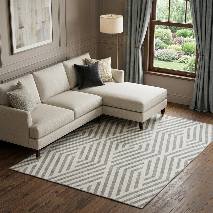 9' X 12' Geometric Washable Area Rug With UV Protection (648543) - Gray / Ivory