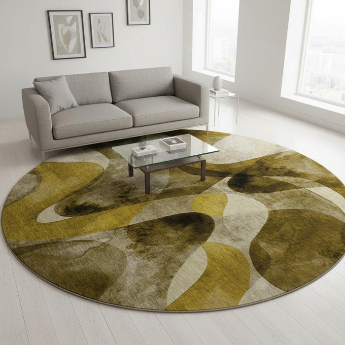 8' Abstract Washable Round Rug With UV Protection (648073) - Coffee / Gold / Ivory