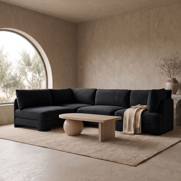 Hammond velvet upholstery four-piece armless sectional sofa by Meridian Furniture in a modern stationary design.