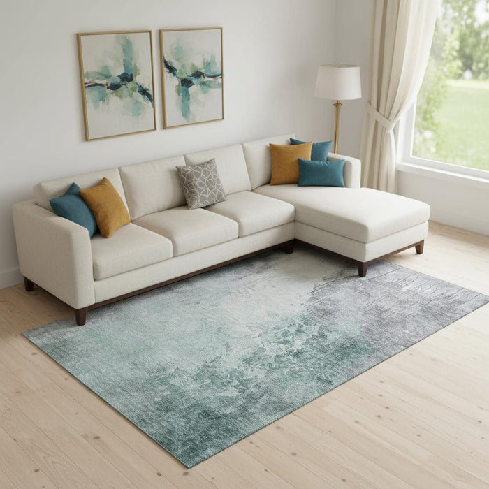 10' X 14' Abstract Washable Area Rug With UV Protection (705485) - Pale Aqua / Ivory
