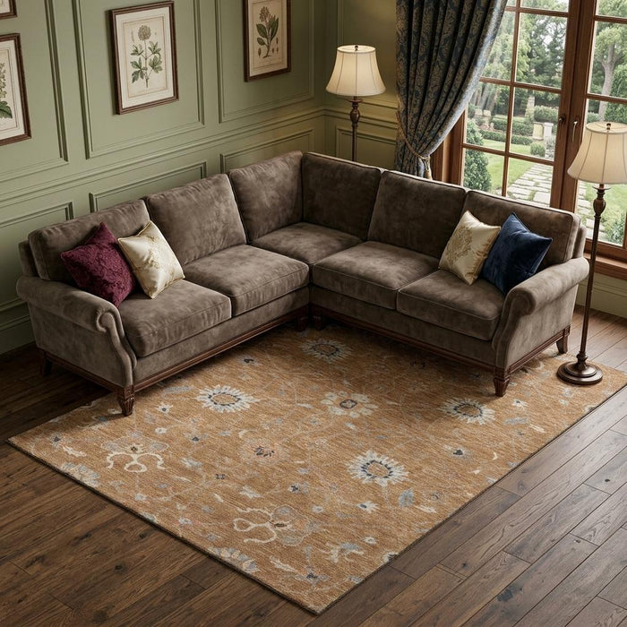 10' X 14' Floral Washable Area Rug With UV Protection (686114) - Copper / Beige / Denim Blue