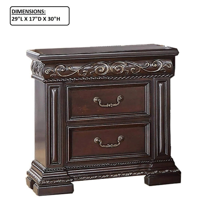 Cherry wood Giga 2-drawer nightstand with carved accents, ideal as a bedside table for bedroom furniture.