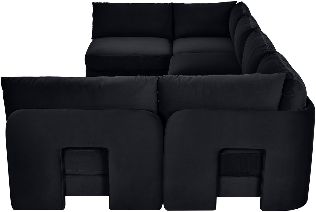 Meridian Furniture velvet performance fabric U-shaped sectional sofa with armless design, six-piece stationary living room set.