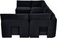Meridian Furniture velvet performance fabric U-shaped sectional sofa with armless design, six-piece stationary living room set.