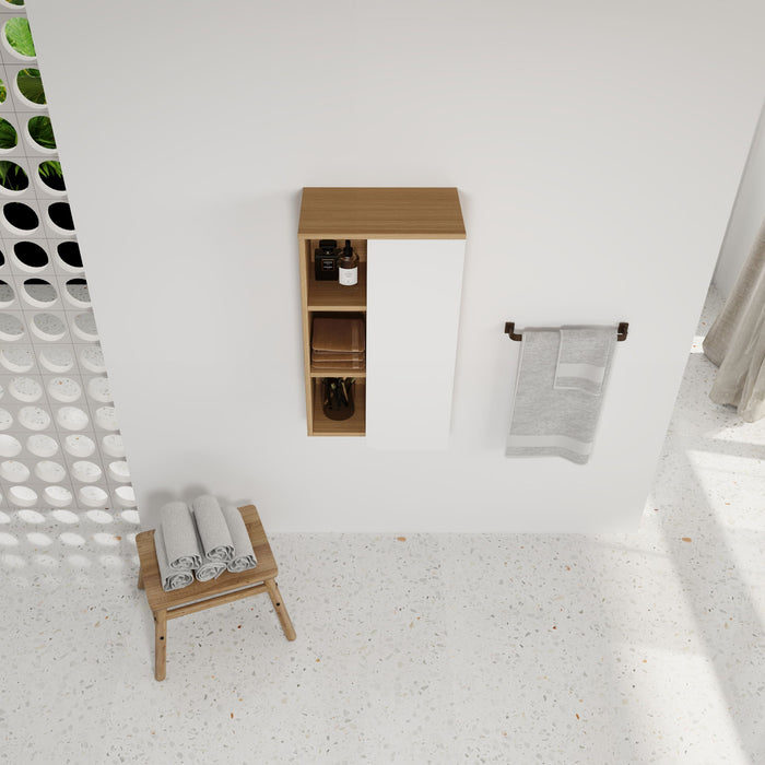 Giga wall-mounted bathroom linen cabinet with single door and three open shelves in black, light oak, or white finish.