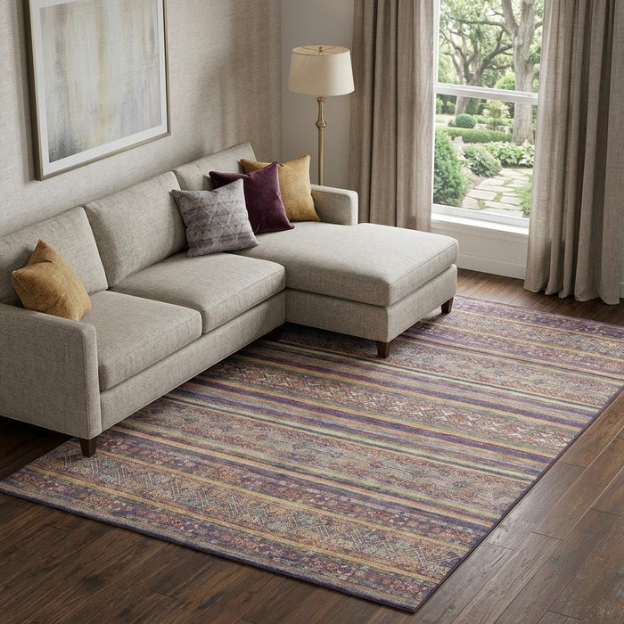 10' X 14' Striped Washable Area Rug With UV Protection (695798) - Blue / Beige / Gray