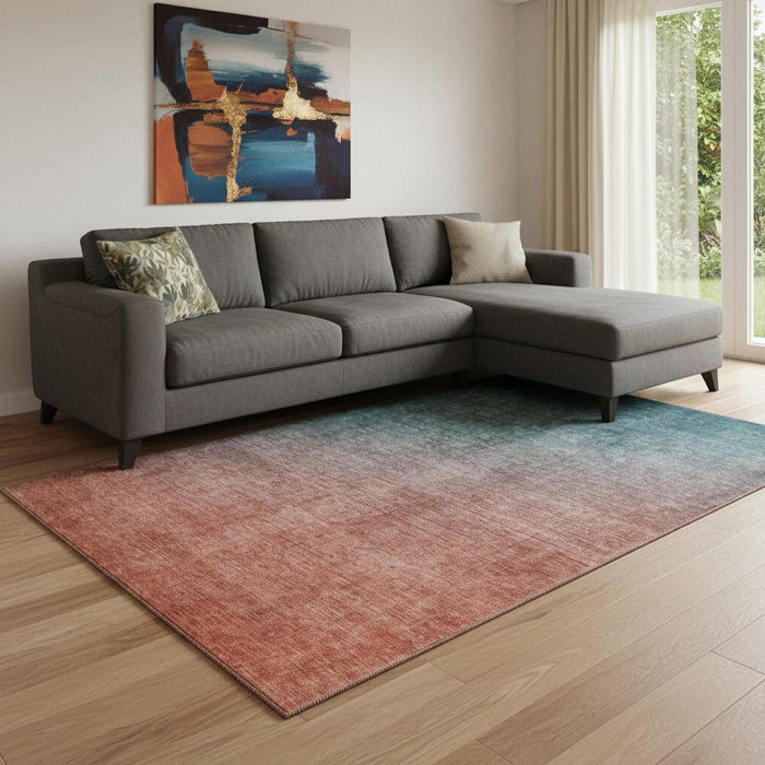 9' X 12' Ombre Washable Area Rug With UV Protection (649689) - Teal / Rust