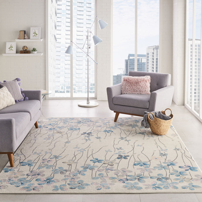 9' X 12' Floral Contemporary Area Rug - Ivory And Blue