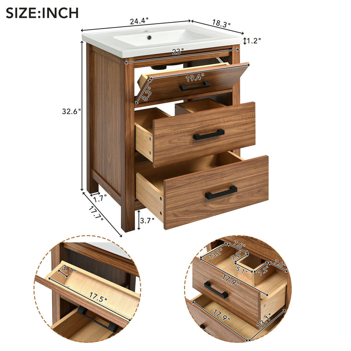 Giga 24-inch bathroom vanity with basin sink, natural wood finish, 3 drawer storage cabinet, modern bathroom furniture
