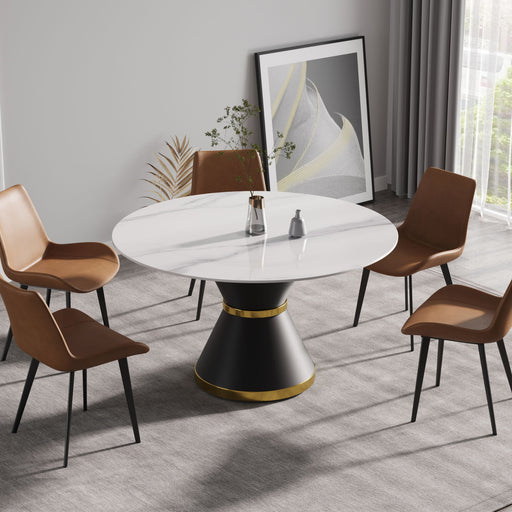 Modern Giga artificial stone round dining table with carbon steel base, seats 6 people, stylish and durable for dining rooms.
