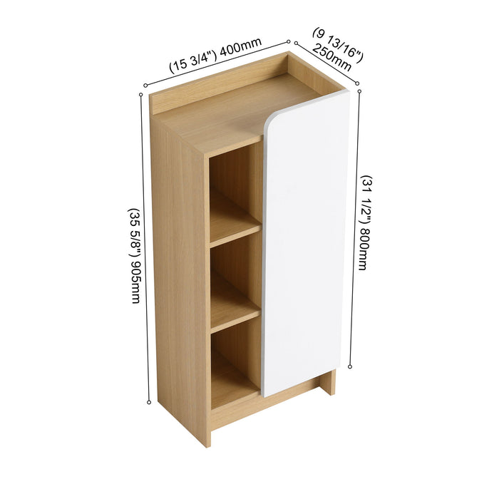 Giga freestanding bathroom side cabinet with single door and three open shelves in black, light oak, and white finish