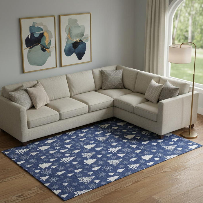 10' X 14' Abstract Geometric Washable Area Rug With UV Protection (701846) - Navy Blue / Ivory