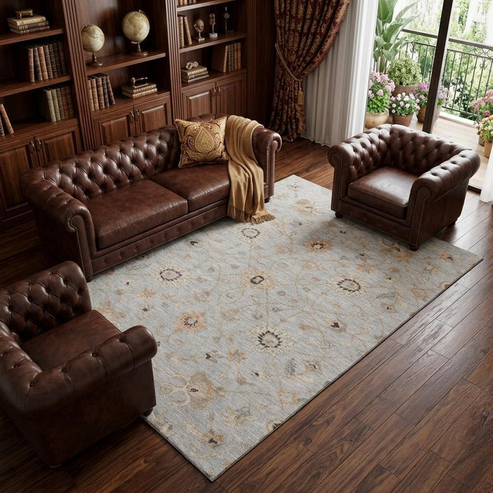 10' X 14' Floral Washable Area Rug With UV Protection (686126) - Gray / Copper / Silver