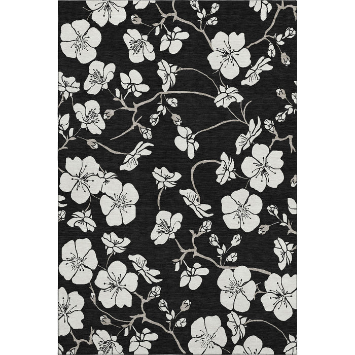 10' X 14' Floral Washable Area Rug With UV Protection (681017) - Black / Ivory