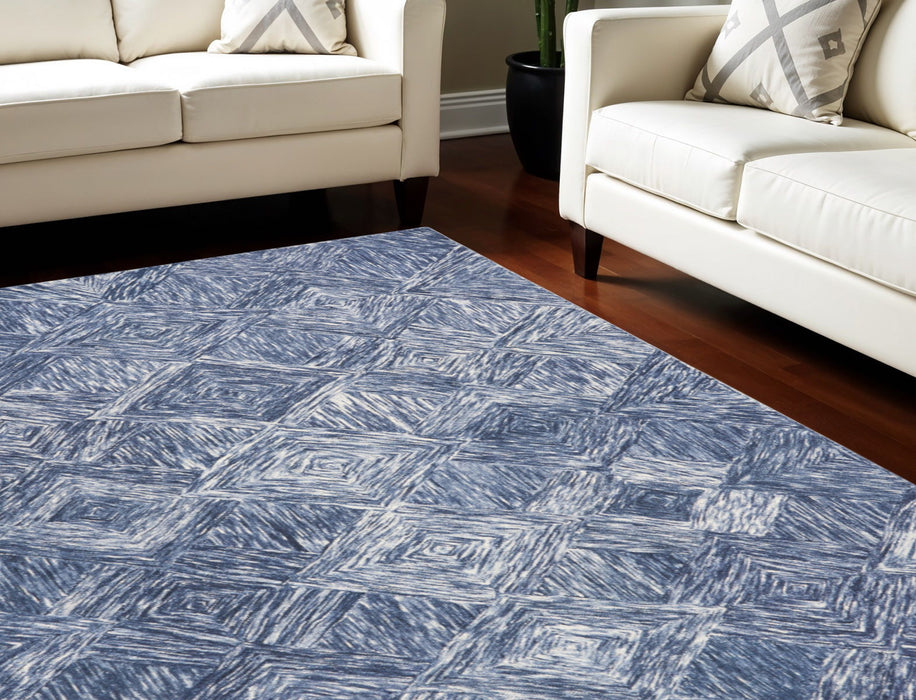 8' X 11' Wool Geometric Area Rug - Denim Blue / Ivory