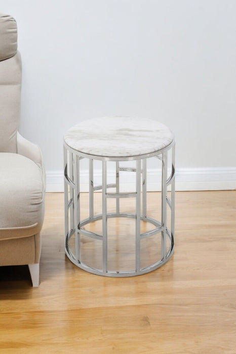 Stylish Marble Round Geometric End Or Side Table - Silver And White