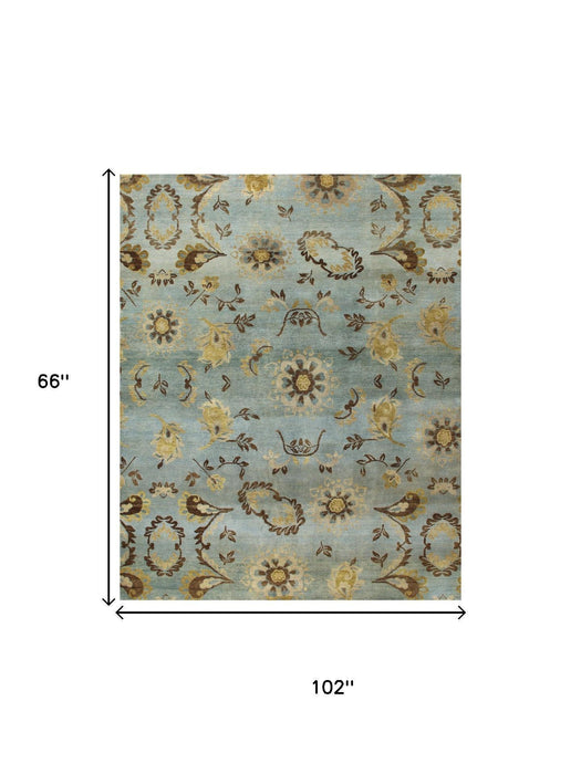 5' X 8' Wool Floral Hand Knotted Area Rug (744156) - Blue / Brown / Tan