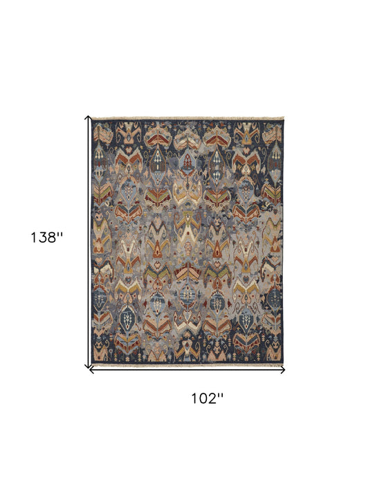 8' x 12' Wool Ikat Hand Knotted Area Rug With Fringe - Blue Gray And Brown