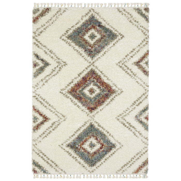 8' X 11' Southwestern Shag Area Rug With Fringe - Ivory