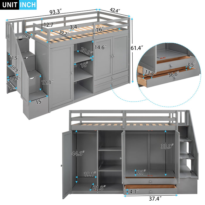 Giga loft bed with 3 shelves, 2 wardrobes, 2 drawers, and ladder storage, featuring a sturdy wooden frame and organized design.