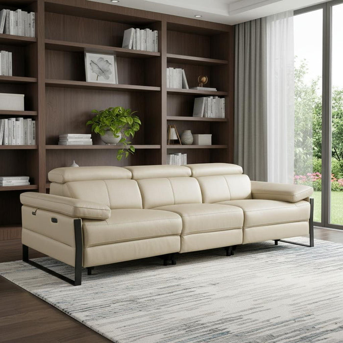 Top Grain Leather Reclining Metal USB Sofa (720327) - Beige