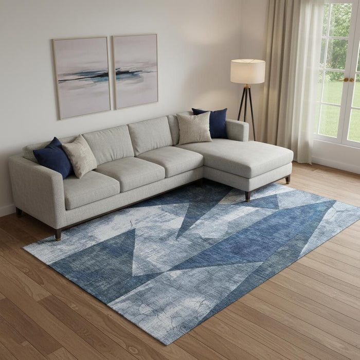 10' X 14' Abstract Geometric Washable Area Rug With UV Protection (705347) - Navy Blue / Ivory