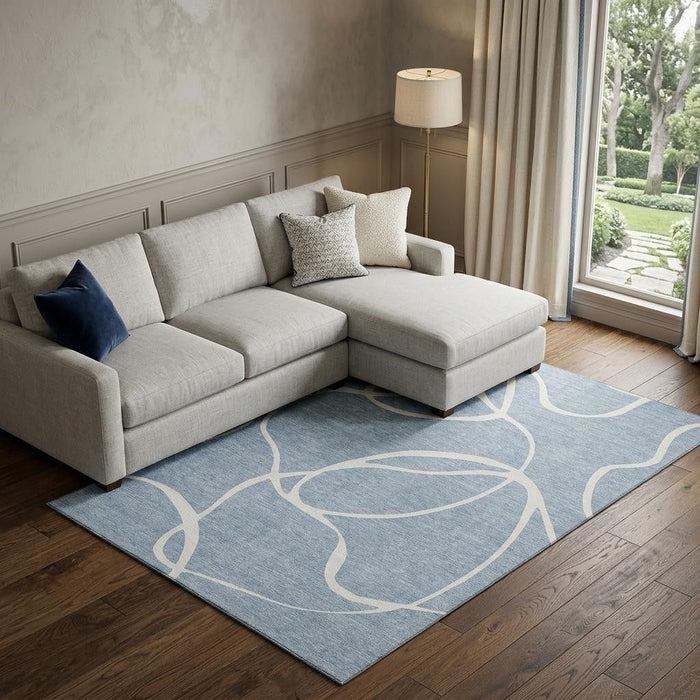 10' X 14' Abstract Washable Area Rug With UV Protection (678634) - Denim Blue / Ivory