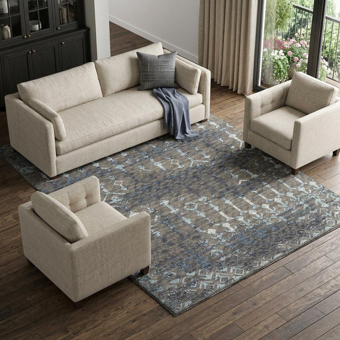 10' X 14' Burnished Tribal Washable Area Rug With UV Protection (644150) - Burnished Brown / Blue