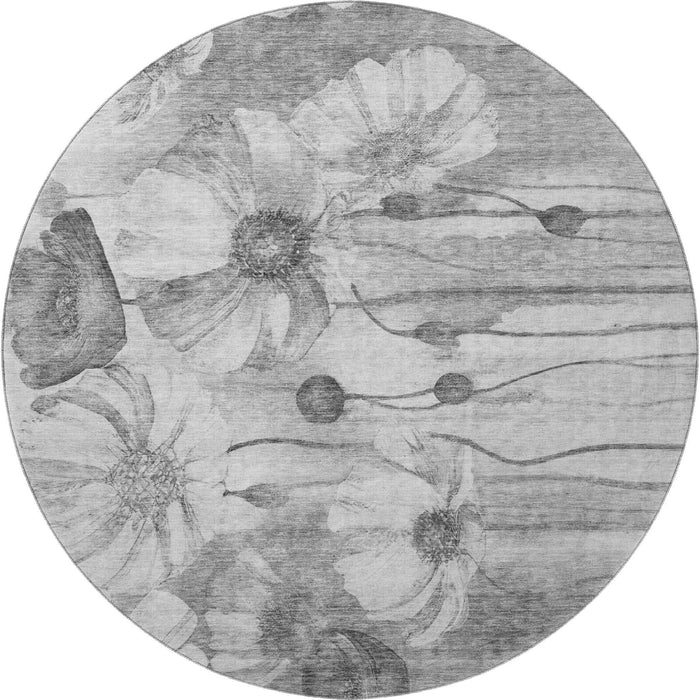 8' Floral Washable Round Rug With UV Protection (657302) - Gray / Silver