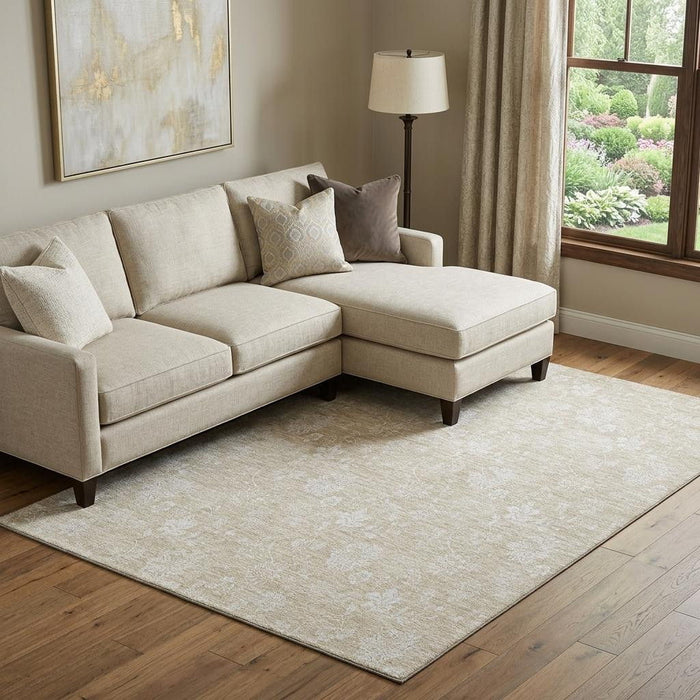 9' X 12' Floral Washable Area Rug With UV Protection (655967) - Beige / Ivory
