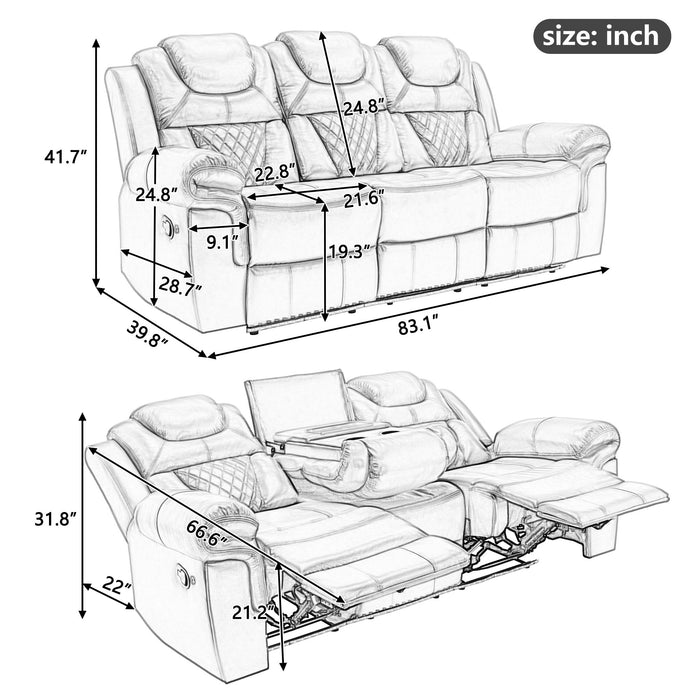Giga home theater reclining sofa chair with center console and LED light strip, ideal for living room relaxation.