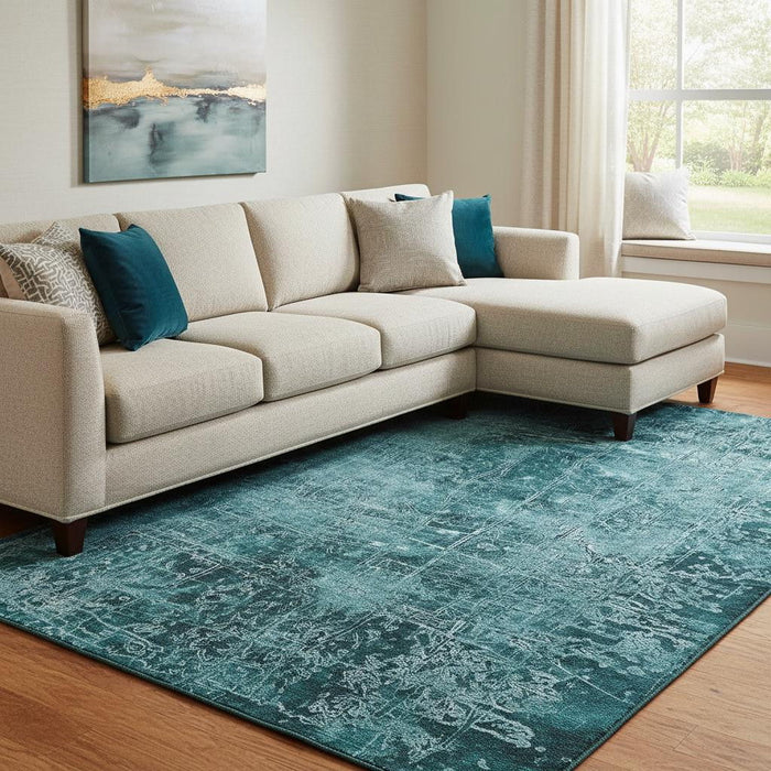 8' X 10' Abstract Washable Area Rug With UV Protection (649058) - Teal / Ivory